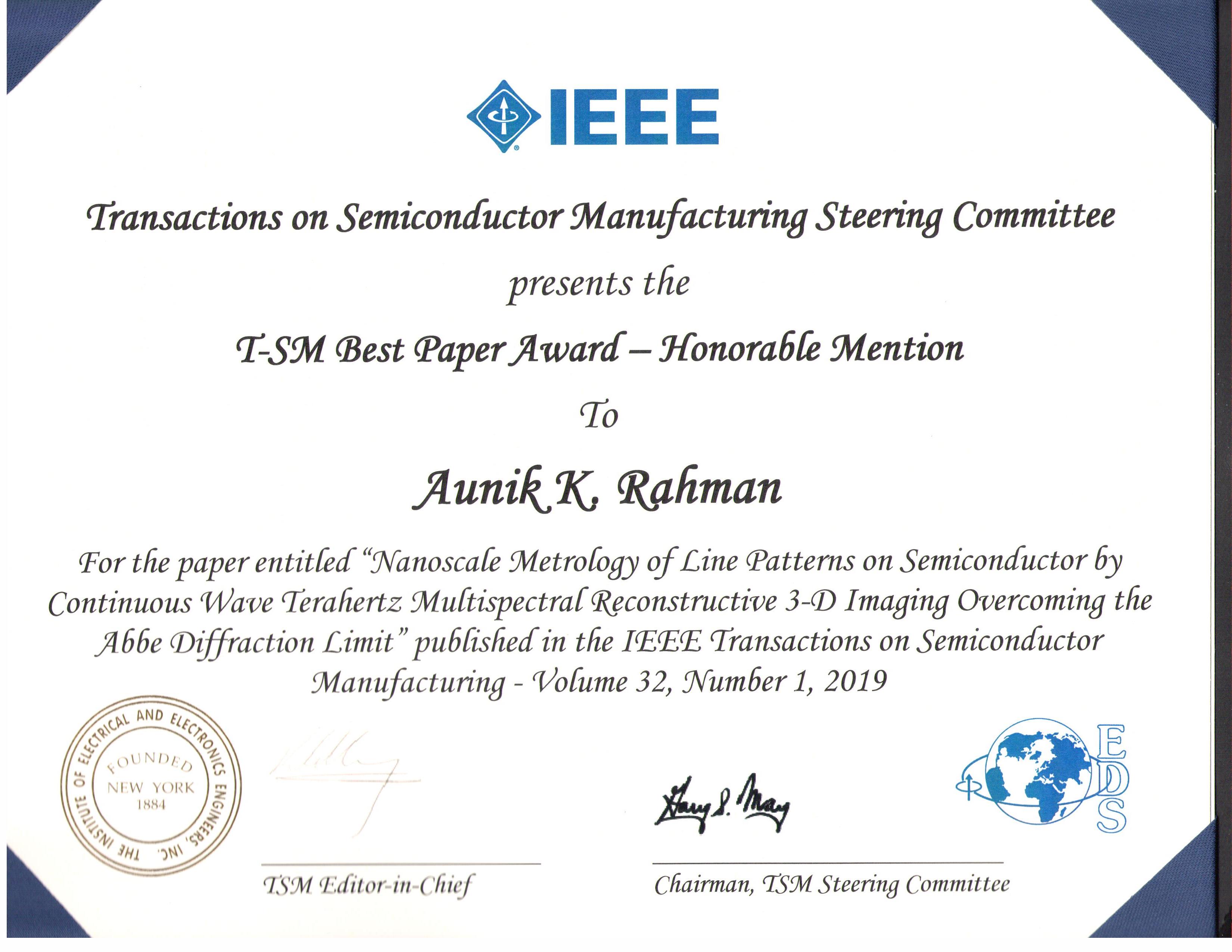 2018 Best paper honorable mention from IEEE - TSM